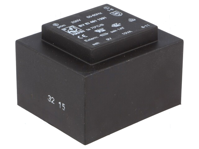 Transformator: ingegoten; 10VA; 230VAC; 9V; 1111mA; PCB; BVEI Transformator: ingegoten; 10VA; 230VAC; 9V; 1111mA; PCB; BVEI